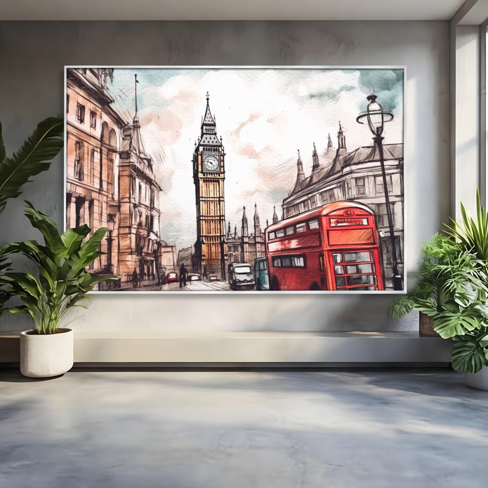 Tablou canvas cu ilustratie urbana cu big ben si autobuz rosu, in rama de aluminiu argintiu